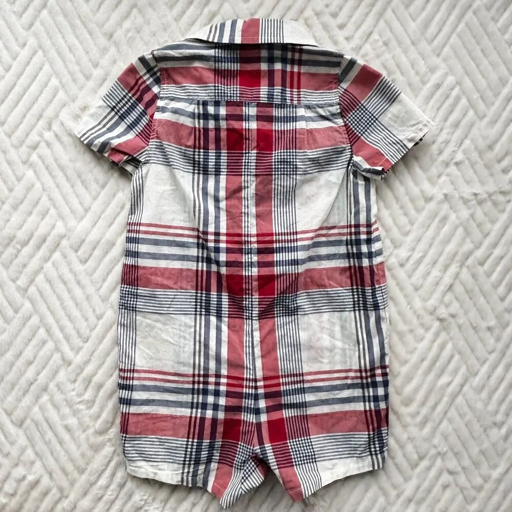 Egg by Susan Lazar 18M Plaid Short Sleeve Romper Red Blue Check Cotton